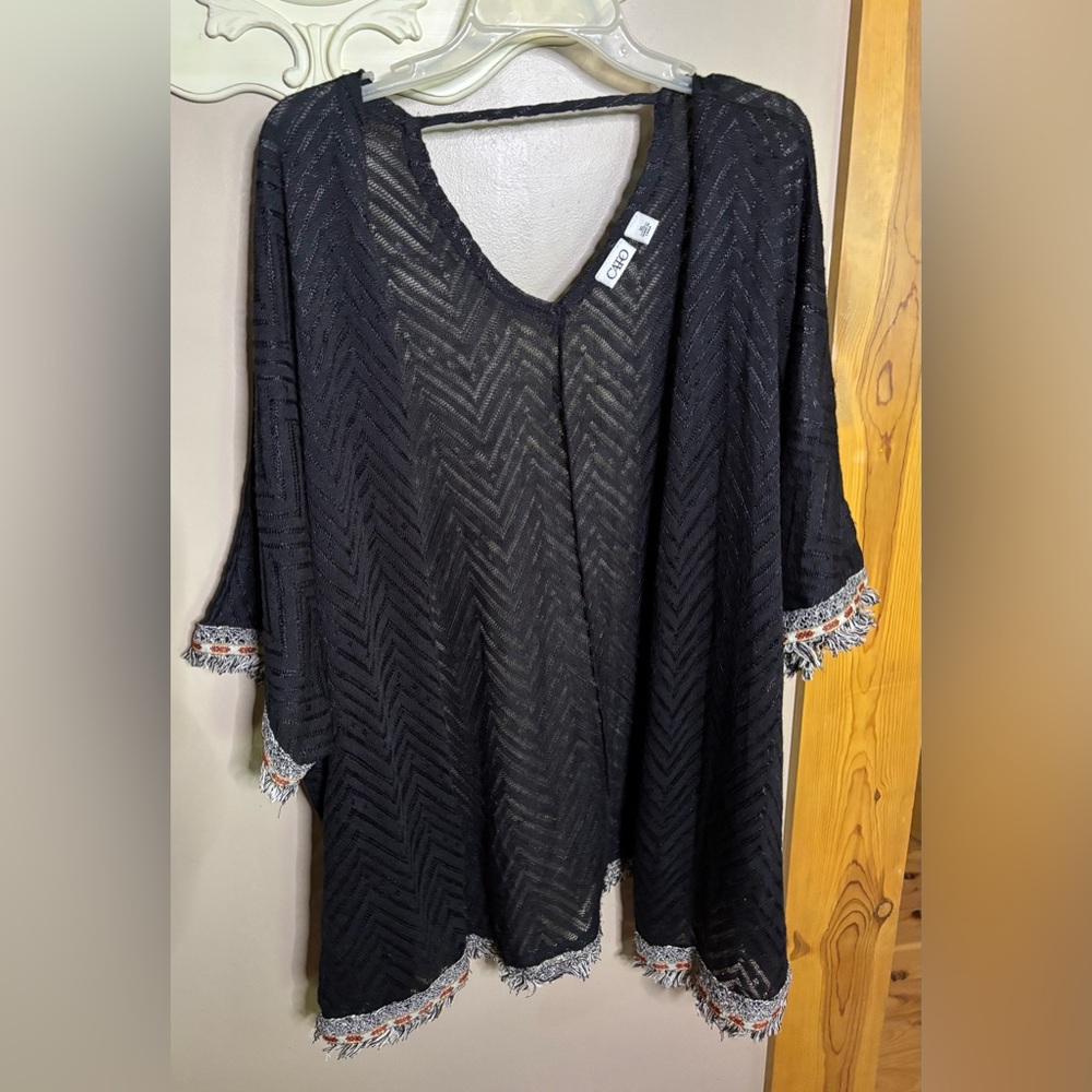 ⭐️CATO Open Front Black Cardigan Duster Topper Size XL Embroidery Fringe Boho⭐️